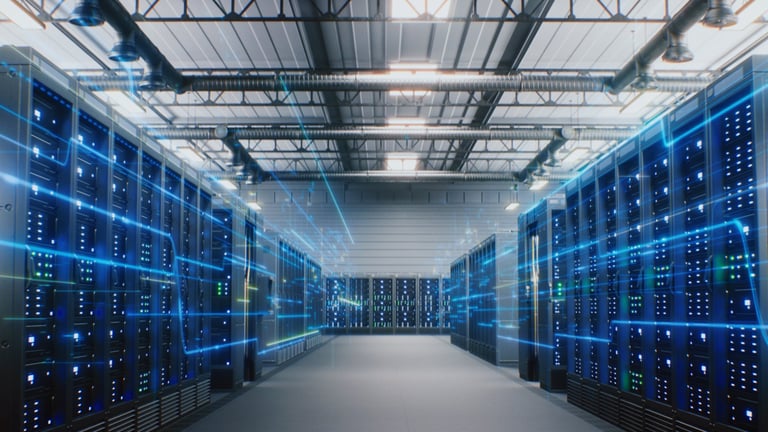 Modern Data Technology Center with Server Racks in Big Storage with VFX Animation