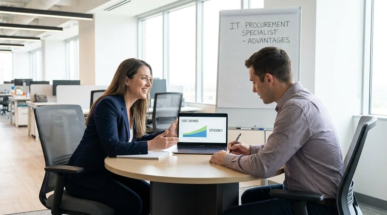 Two professionals in business casual attire discuss work at a round table with a laptop in a modern office environment