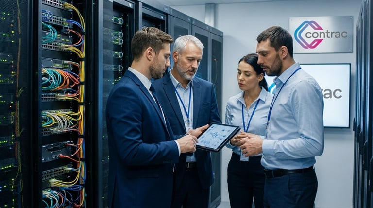 Four business professionals reviewing data on tablet in server room with network equipment