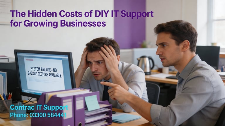 Two stressed IT professionals looking at a laptop displaying a system failure message in an office setting