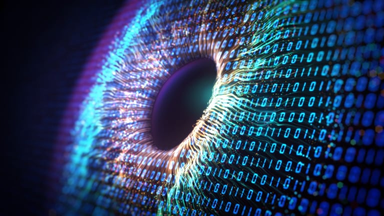 Digital eye composed of binary code and glowing neon colors, representing technology, artificial intelligence, and digital vision
