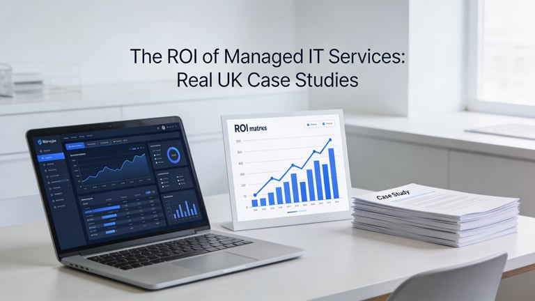 Laptop displaying analytics dashboard next to tablet showing ROI chart and printed materials on office desk