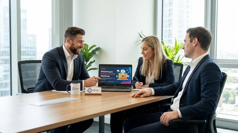 Three business professionals in suits discuss work at a wooden desk with a laptop in a modern office with city views