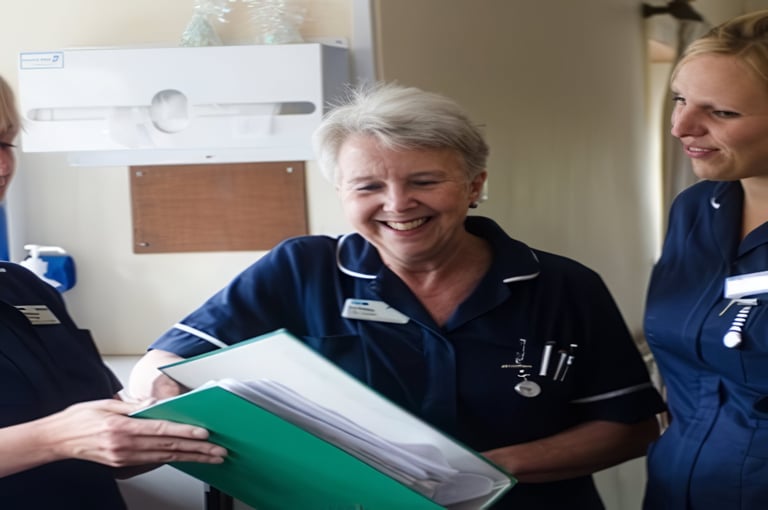 Three healthcare workers in blue scrubs holding a green folder, smiling in a medical facility